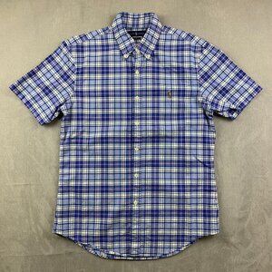 Ralph Lauren Polo Mens Shirt Medium Blue Plaid Button Up Slim Fit Flesh Pony